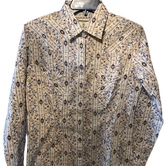 Panhandle rough stock white navy tan paisley print 100c% cotton covered snaps - Picture 1 of 3